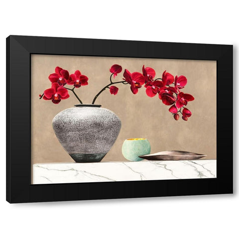 Red Orchids on White Marble (detail) Black Modern Wood Framed Art Print by Thomlinson, Jenny