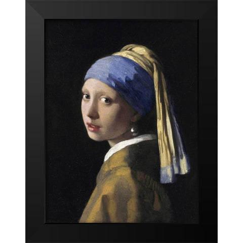 Girl With A Pearl Earring Black Modern Wood Framed Art Print by Vermeer, Jan