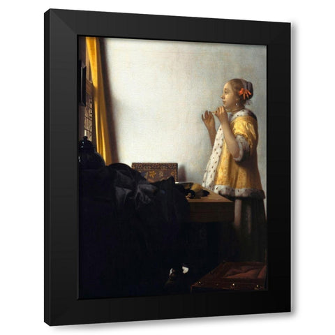 Woman with a Pearl Necklace - detail Black Modern Wood Framed Art Print by Vermeer, Jan
