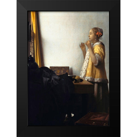 Woman with a Pearl Necklace - detail Black Modern Wood Framed Art Print by Vermeer, Jan