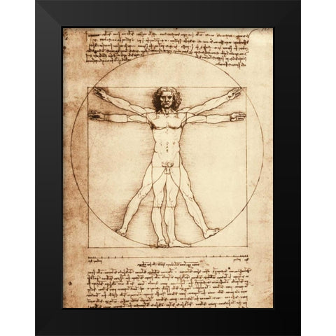 Vitruvian Man Black Modern Wood Framed Art Print by da Vinci, Leonardo