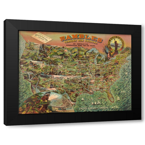 Game board with map of America, 1890 Black Modern Wood Framed Art Print by Anonymous