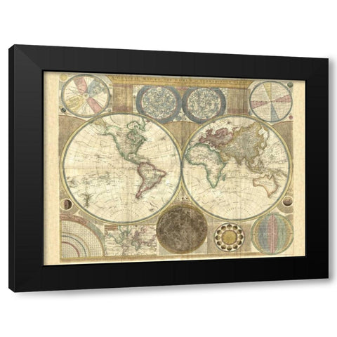 Double hemisphere map of the world 1794 Black Modern Wood Framed Art Print by Dunn, Samuel