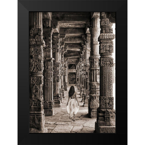 At the Temple-India (BW) Black Modern Wood Framed Art Print by Moreau, Marc