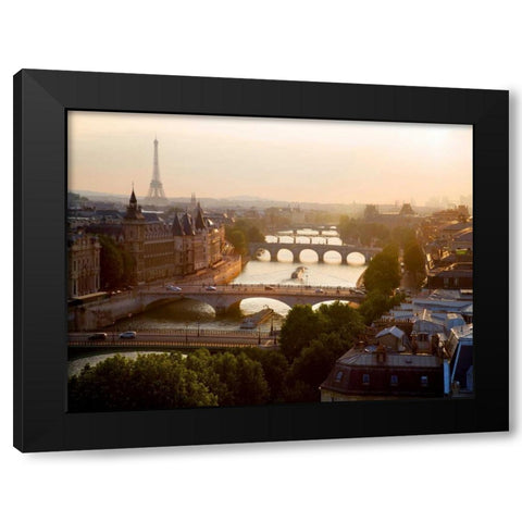 Bridges over the Seine river, Paris Black Modern Wood Framed Art Print with Double Matting by Setboun, Michel