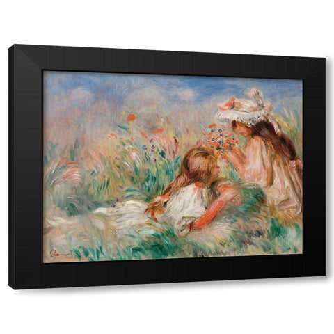 Girls in the Grass Arranging a Bouquet Black Modern Wood Framed Art Print with Double Matting by Renoir, Pierre-Auguste