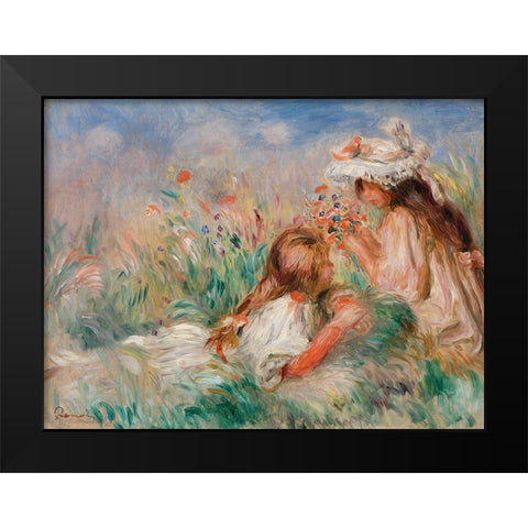 Girls in the Grass Arranging a Bouquet Black Modern Wood Framed Art Print by Renoir, Pierre-Auguste