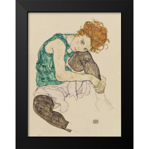 Seated Woman with Bent Knee  Black Modern Wood Framed Art Print by Schiele, Egon