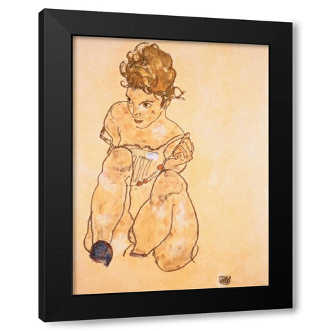 Seated Girl in Slip  Black Modern Wood Framed Art Print by Schiele, Egon