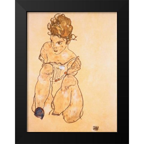 Seated Girl in Slip  Black Modern Wood Framed Art Print by Schiele, Egon