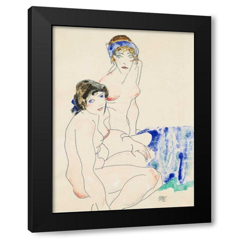 Two Female Nudes by the Water  Black Modern Wood Framed Art Print by Schiele, Egon