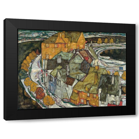 Crescent of Houses II Island Town Black Modern Wood Framed Art Print by Schiele, Egon