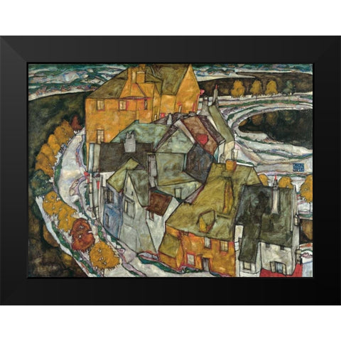 Crescent of Houses II Island Town Black Modern Wood Framed Art Print by Schiele, Egon