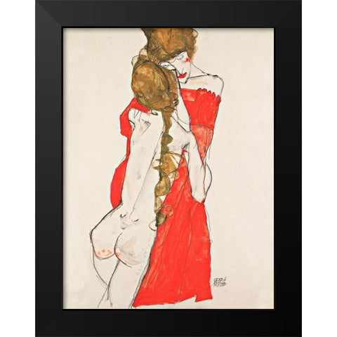 Mother and Daughter Black Modern Wood Framed Art Print by Schiele, Egon