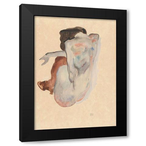Crouching Nude in Shoes and Black Stockings-Back View Black Modern Wood Framed Art Print with Double Matting by Schiele, Egon