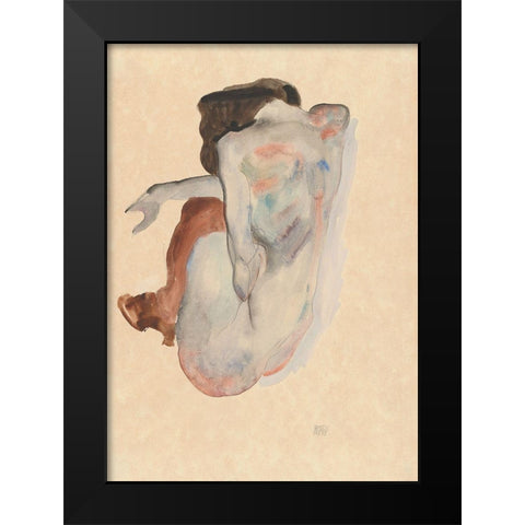 Crouching Nude in Shoes and Black Stockings-Back View Black Modern Wood Framed Art Print by Schiele, Egon