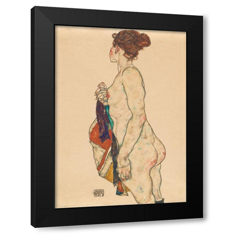 Standing Nude with a Patterned Robe Black Modern Wood Framed Art Print by Schiele, Egon