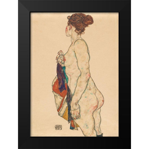 Standing Nude with a Patterned Robe Black Modern Wood Framed Art Print by Schiele, Egon