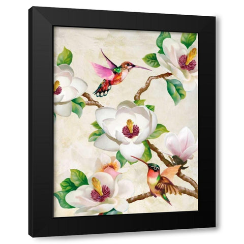 Magnolia and Humming Birds Black Modern Wood Framed Art Print with Double Matting by Wang, Terry