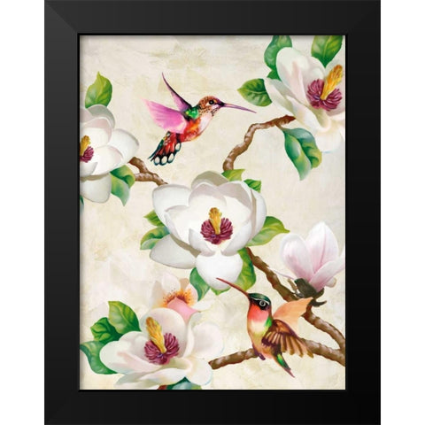 Magnolia and Humming Birds Black Modern Wood Framed Art Print by Wang, Terry