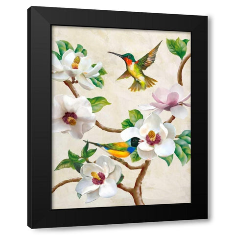 Magnolia and Birds Black Modern Wood Framed Art Print by Wang, Terry