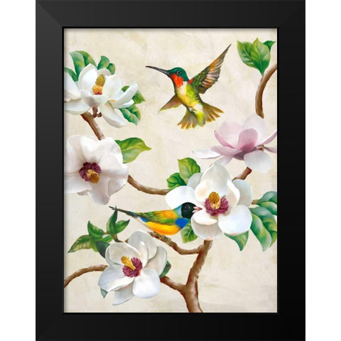 Magnolia and Birds Black Modern Wood Framed Art Print by Wang, Terry