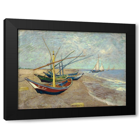 Fishing Boats on the Beach at Les Saintes-Maries-de-la-Mer Black Modern Wood Framed Art Print with Double Matting by Van Gogh, Vincent