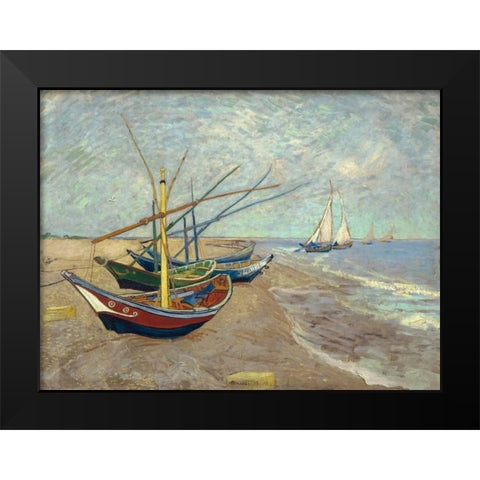 Fishing Boats on the Beach at Les Saintes-Maries-de-la-Mer Black Modern Wood Framed Art Print by Van Gogh, Vincent