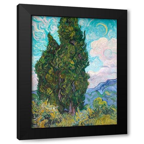 Cypresses Black Modern Wood Framed Art Print with Double Matting by Van Gogh, Vincent