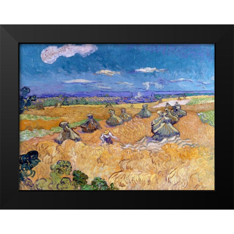 Wheat Fields with Reaper Auvers Black Modern Wood Framed Art Print by Van Gogh, Vincent