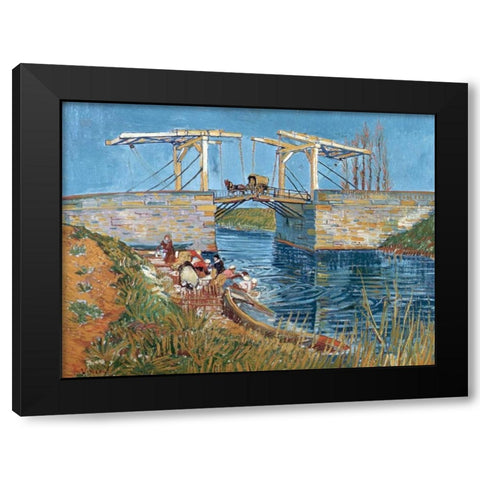 Langlois Bridge with women washing Black Modern Wood Framed Art Print with Double Matting by van Gogh, Vincent