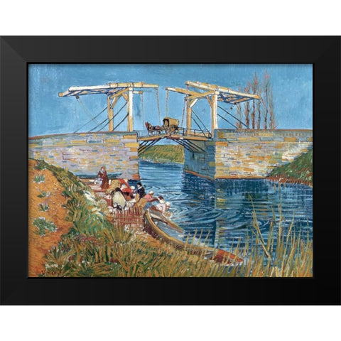 Langlois Bridge with women washing Black Modern Wood Framed Art Print by van Gogh, Vincent