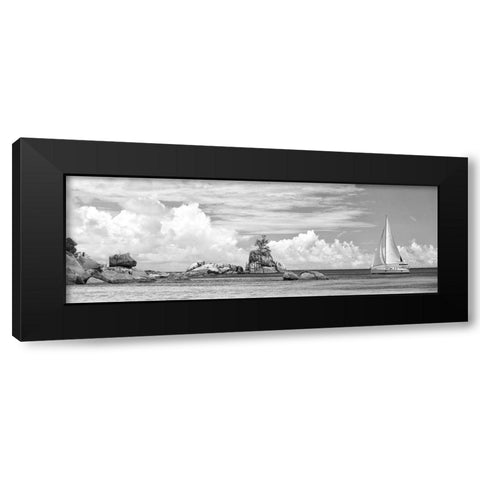 Sailboat at La Digue, Seychelles (BW) Black Modern Wood Framed Art Print by Pangea Images