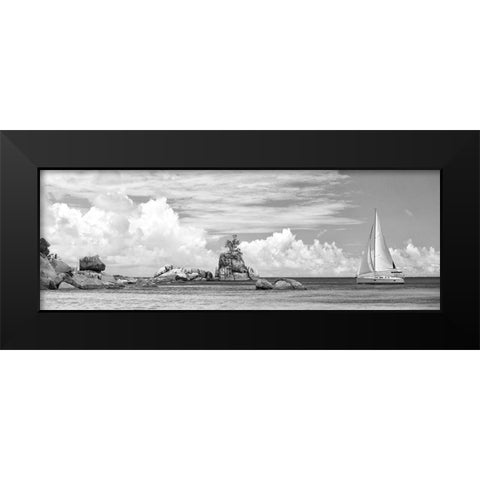 Sailboat at La Digue, Seychelles (BW) Black Modern Wood Framed Art Print by Pangea Images