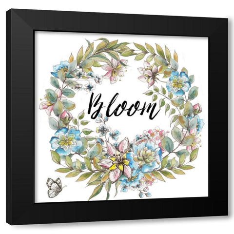 Boho Floral Wreath Bloom Black Modern Wood Framed Art Print with Double Matting by Tre Sorelle Studios