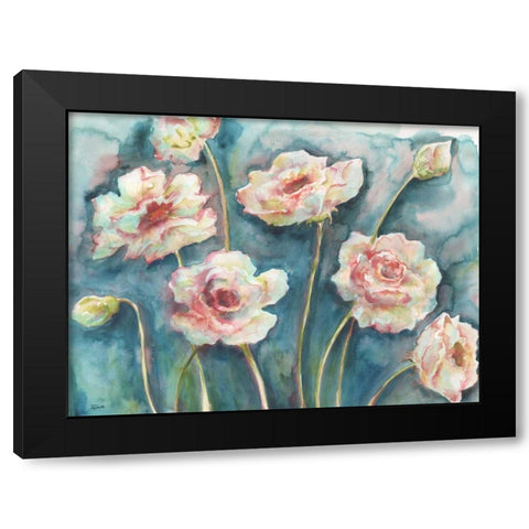 Pink Florals on Turquoise Landscape Black Modern Wood Framed Art Print with Double Matting by Tre Sorelle Studios