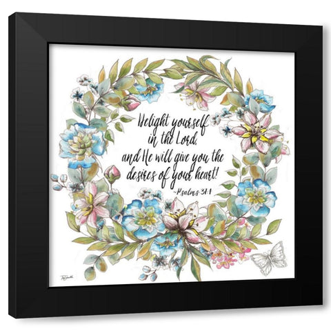 Boho Floral Wreath Psalms II Black Modern Wood Framed Art Print with Double Matting by Tre Sorelle Studios