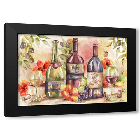 Watercolor Wine and Poppies Landscape Black Modern Wood Framed Art Print with Double Matting by Tre Sorelle Studios