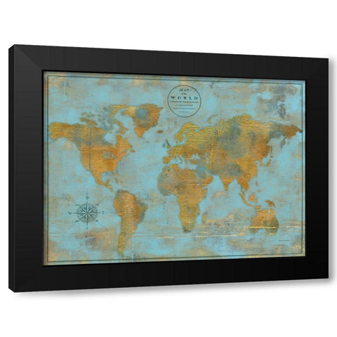 Rustic World Map Sky Blue Black Modern Wood Framed Art Print by Elaine-Cusson, Marie