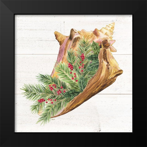 Christmas by the Sea Conch square Black Modern Wood Framed Art Print by Reed, Tara