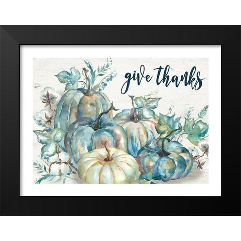 Blue Watercolor Harvest Pumpkin Landscape Give Thanks Black Modern Wood Framed Art Print by Tre Sorelle Studios