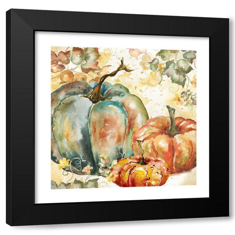 Watercolor Harvest Teal and Orange Pumpkins I Black Modern Wood Framed Art Print with Double Matting by Tre Sorelle Studios