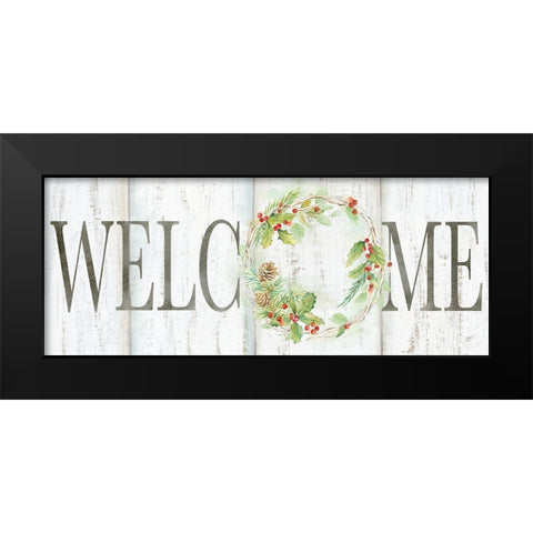 Holiday Wreath Welcome Sign Black Modern Wood Framed Art Print by Coulter, Cynthia