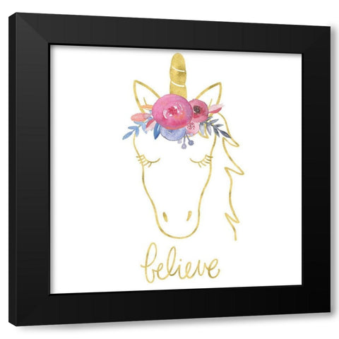 Golden Unicorn II Believe Black Modern Wood Framed Art Print by Noonday Design
