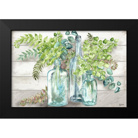 Vintage Bottles and Ferns Landscape Black Modern Wood Framed Art Print by Tre Sorelle Studios