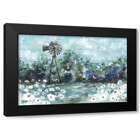 Windmill and Daisies Landscape Black Modern Wood Framed Art Print by Tre Sorelle Studios