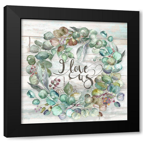 Eucalyptus Wreath on shiplap Black Modern Wood Framed Art Print by Tre Sorelle Studios