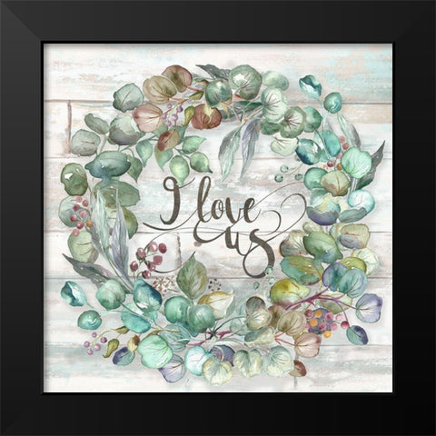 Eucalyptus Wreath on shiplap Black Modern Wood Framed Art Print by Tre Sorelle Studios