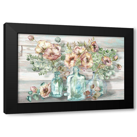 Blush Poppies and Eucalyptus in bottles landscape Black Modern Wood Framed Art Print with Double Matting by Tre Sorelle Studios