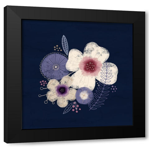 Cream Florals on Navy II Black Modern Wood Framed Art Print by Noonday Design